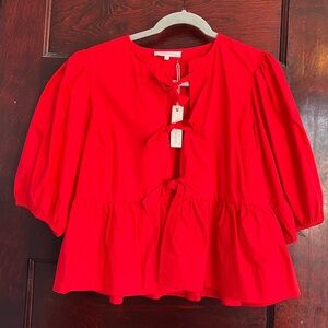 NWT Olivacious Red Tie Front Bow Peplum Puff Sleeve Top size Small